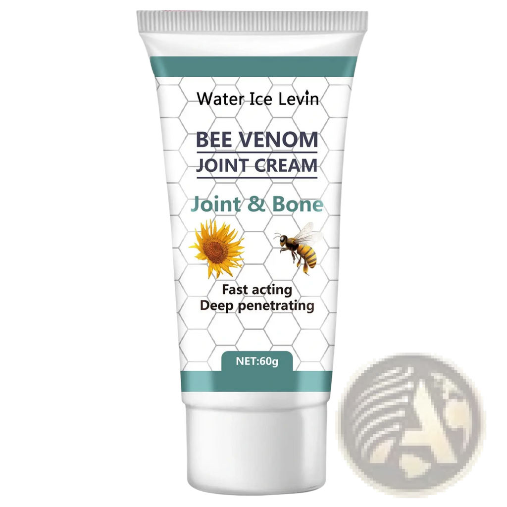 White tube of bee venom joint relief cream for inflammation with teal hexagonal pattern and bee and sunflower illustrations