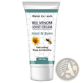 White tube of bee venom joint relief cream for inflammation with teal hexagonal pattern and bee and sunflower illustrations