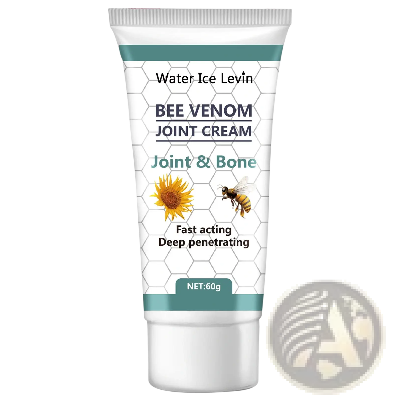 White tube of bee venom joint relief cream for inflammation with teal hexagonal pattern and bee and sunflower illustrations