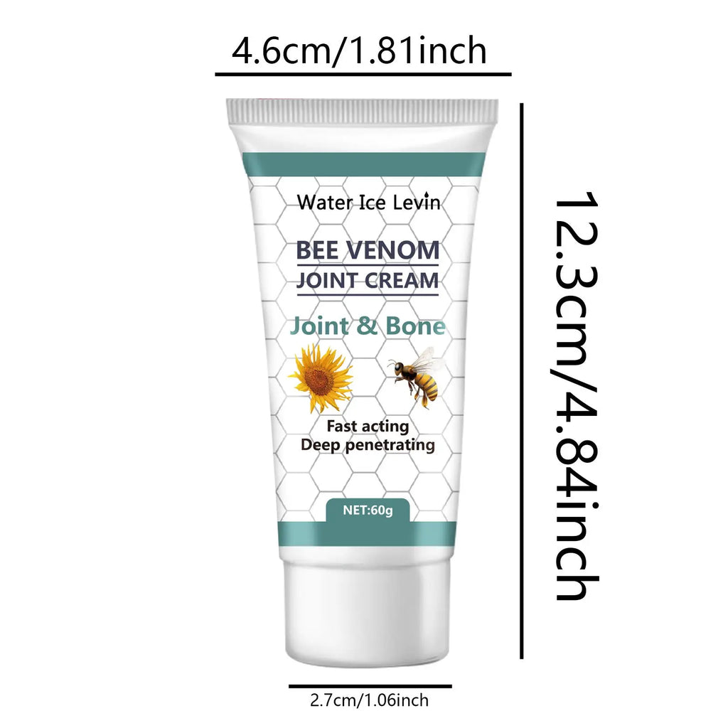 White tube of bee venom joint relief cream with hexagonal pattern and bee sunflower illustration for inflammation 60g