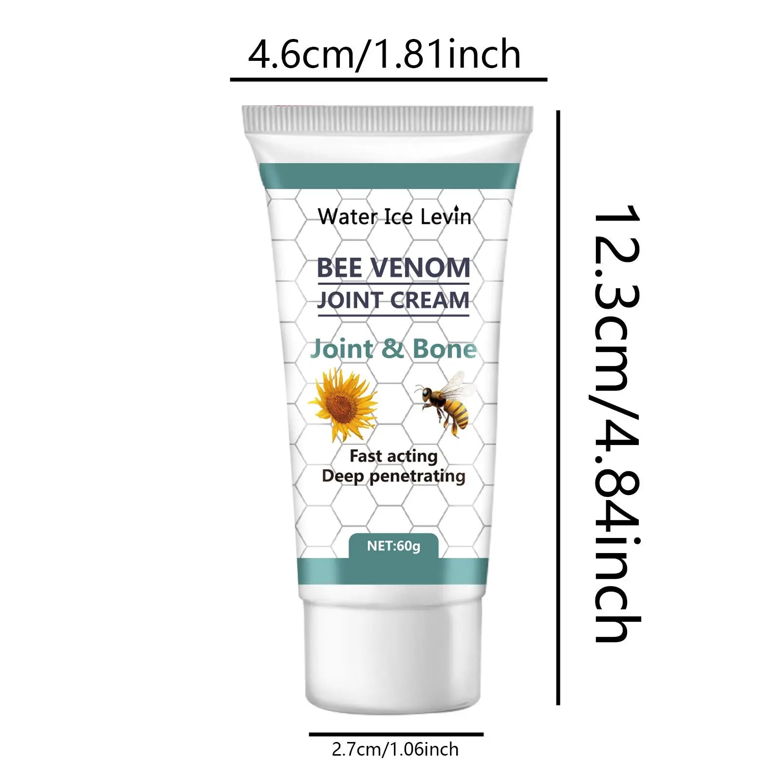 White tube of bee venom joint relief cream with hexagonal pattern and bee sunflower illustration for inflammation 60g