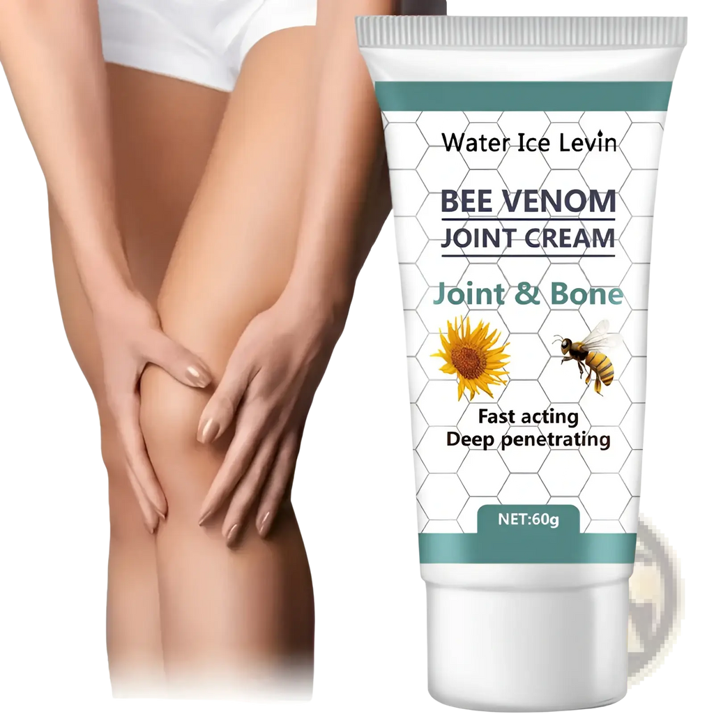White tube of Bee venom joint relief cream with teal accents honeycomb sunflower and bee design for inflammation 60g
