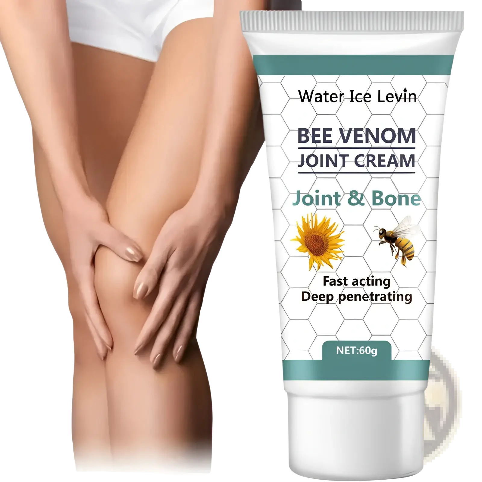 White tube of Bee venom joint relief cream with teal accents honeycomb sunflower and bee design for inflammation 60g