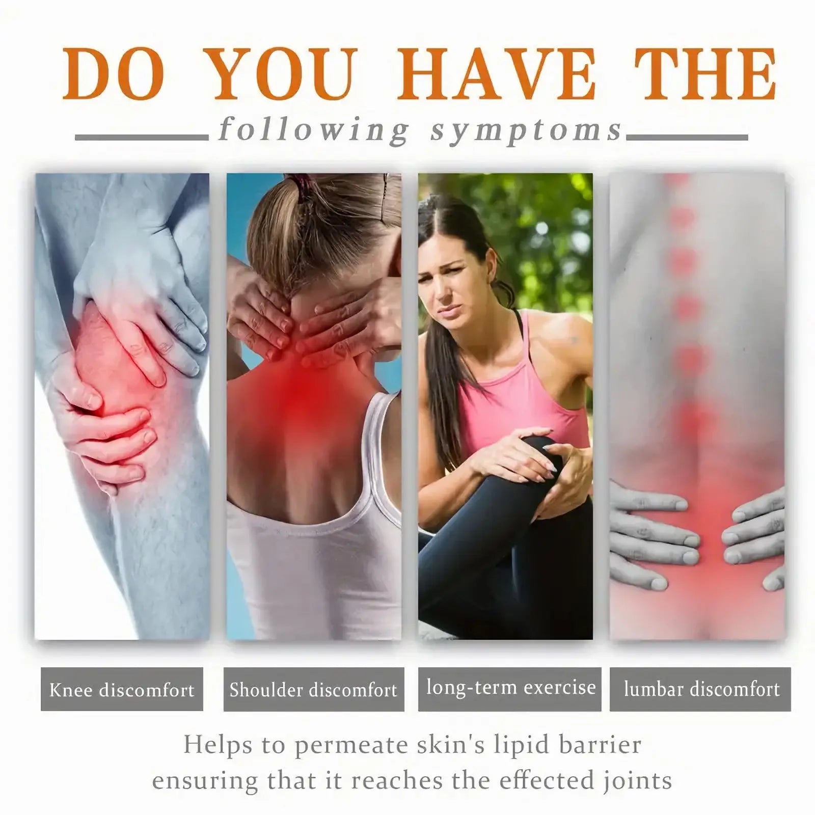 Promotional graphic of bee venom joint relief cream 60g showing knee and lumbar discomfort symptoms for inflammation