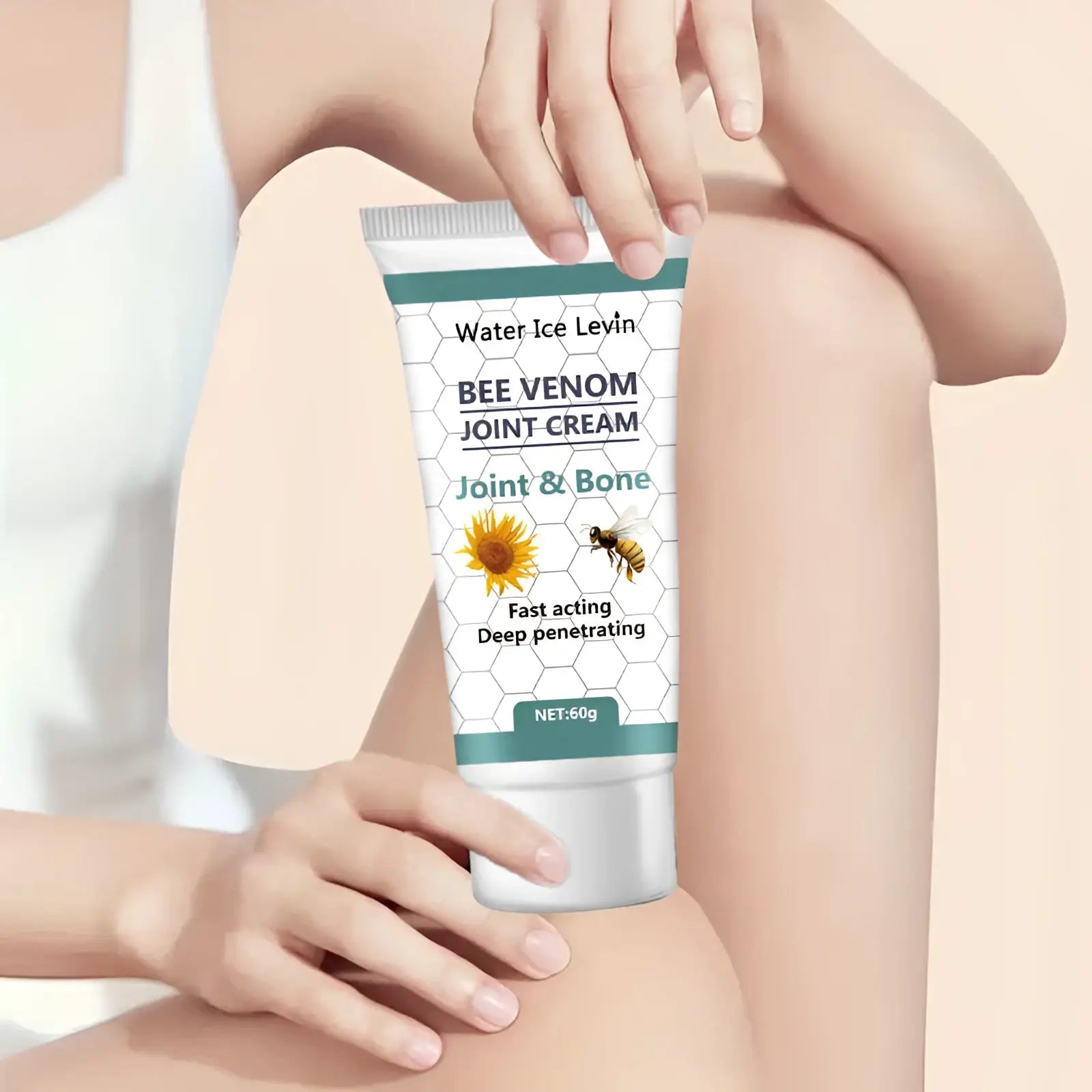 White tube of Bee Venom Joint Relief Cream 60g with teal accents, honeycomb design, bee and sunflower illustration