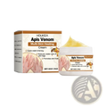 White jar of houkea apis venom multi healing cream with tea tree oil featuring bees and hands illustration on label