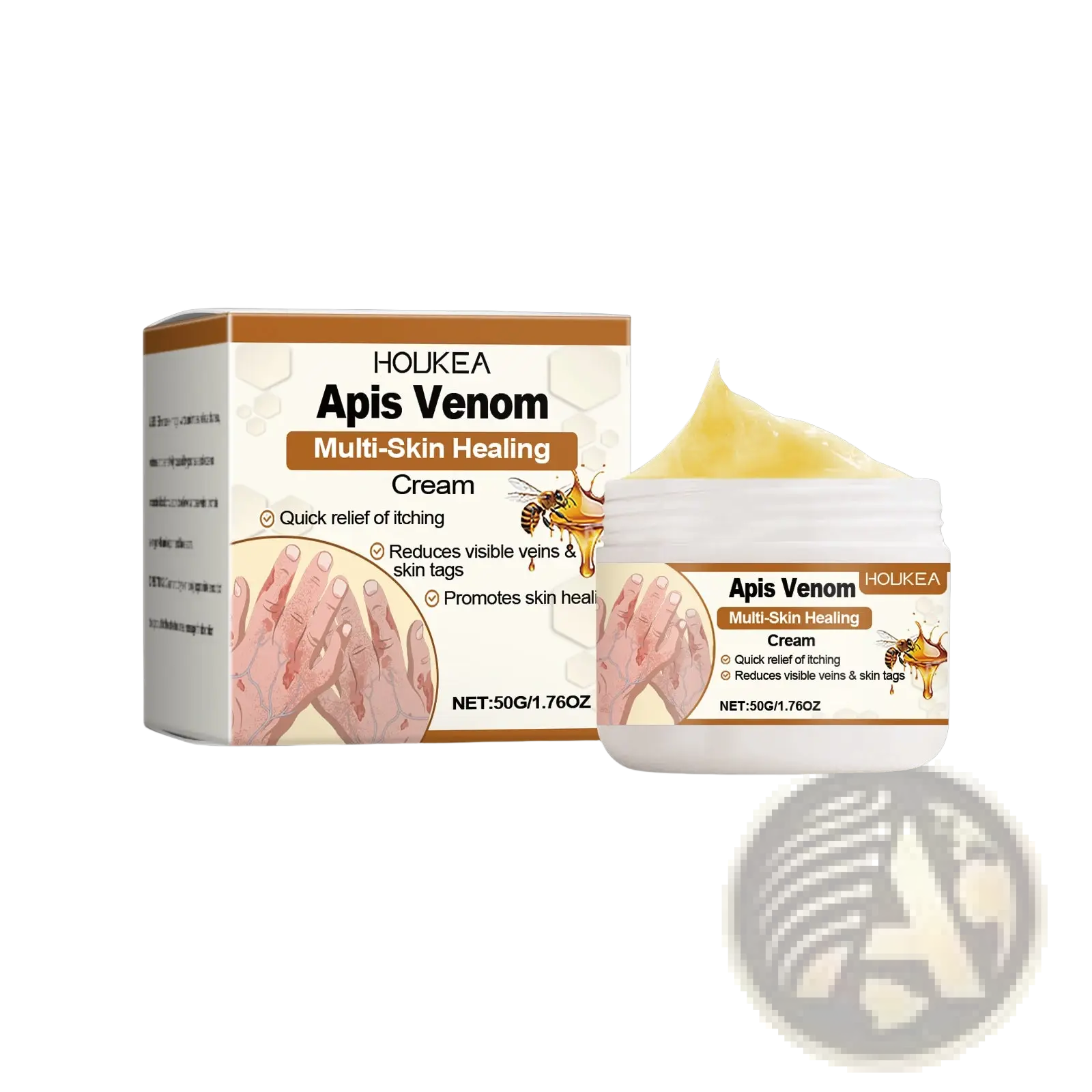 White jar of houkea apis venom multi healing cream with tea tree oil featuring bees and hands illustration on label