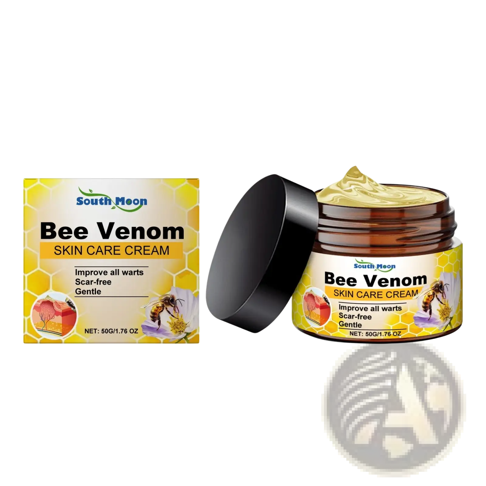 Bee venom skin care cream in a brown jar with black lid featuring honeycomb packaging and golden cream inside