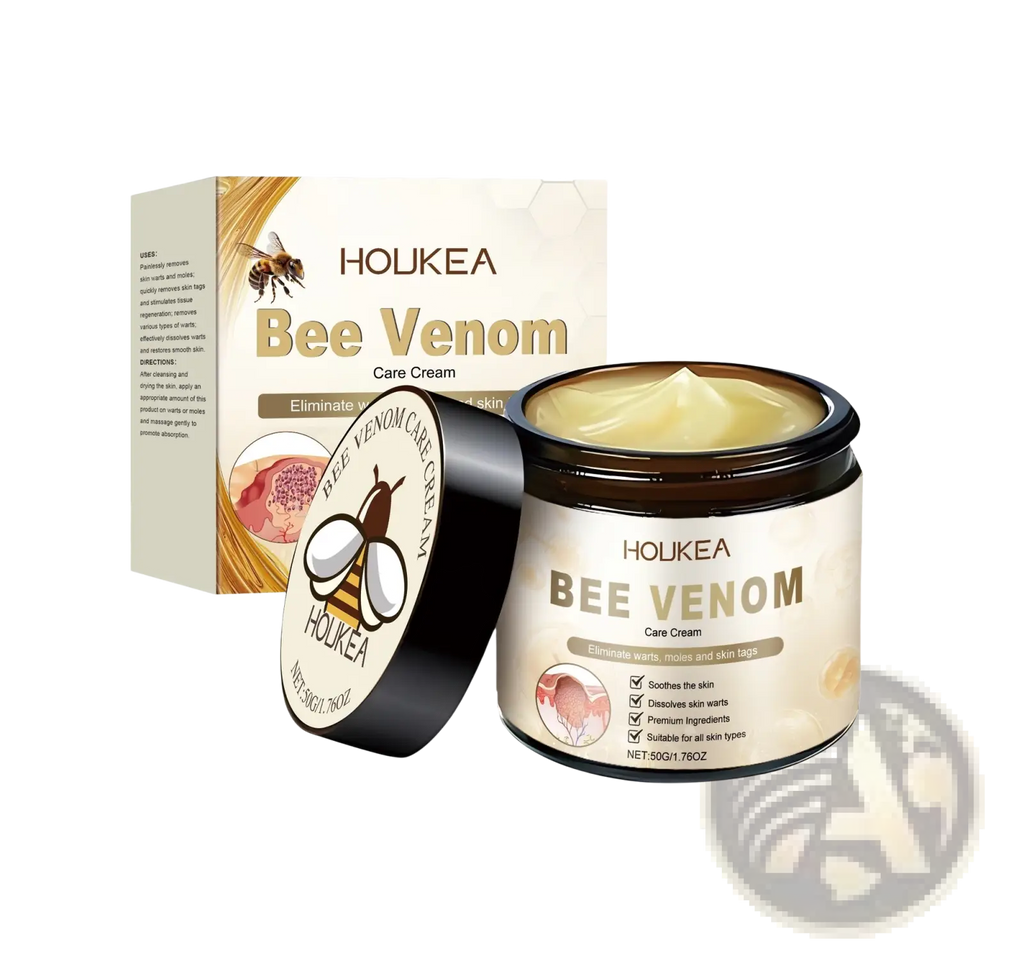 Holkea bee venom skin cream in a brown jar with black lid featuring a bee logo and cream-colored label 50g