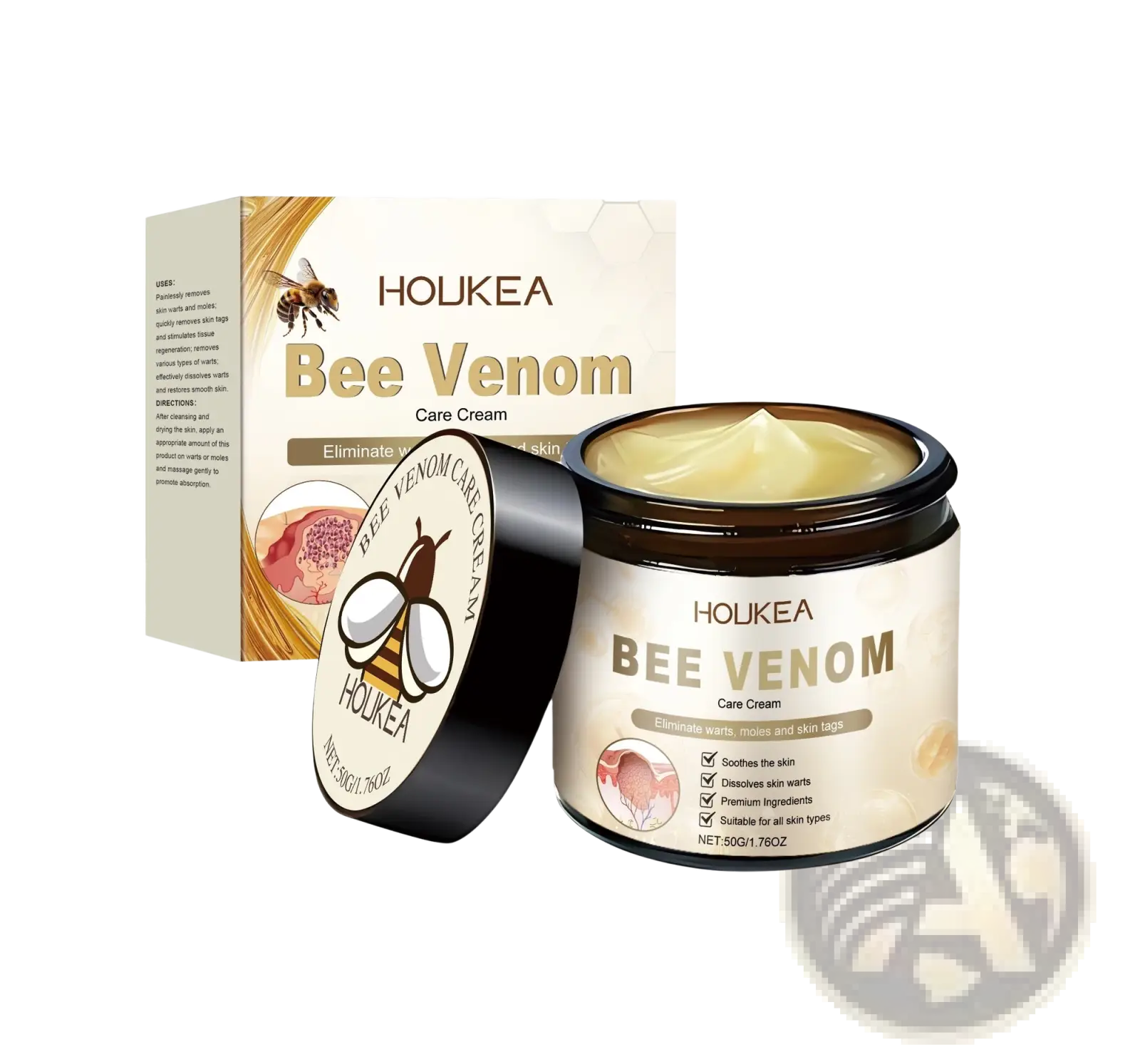 Holkea bee venom skin cream in a brown jar with black lid featuring a bee logo and cream-colored label 50g