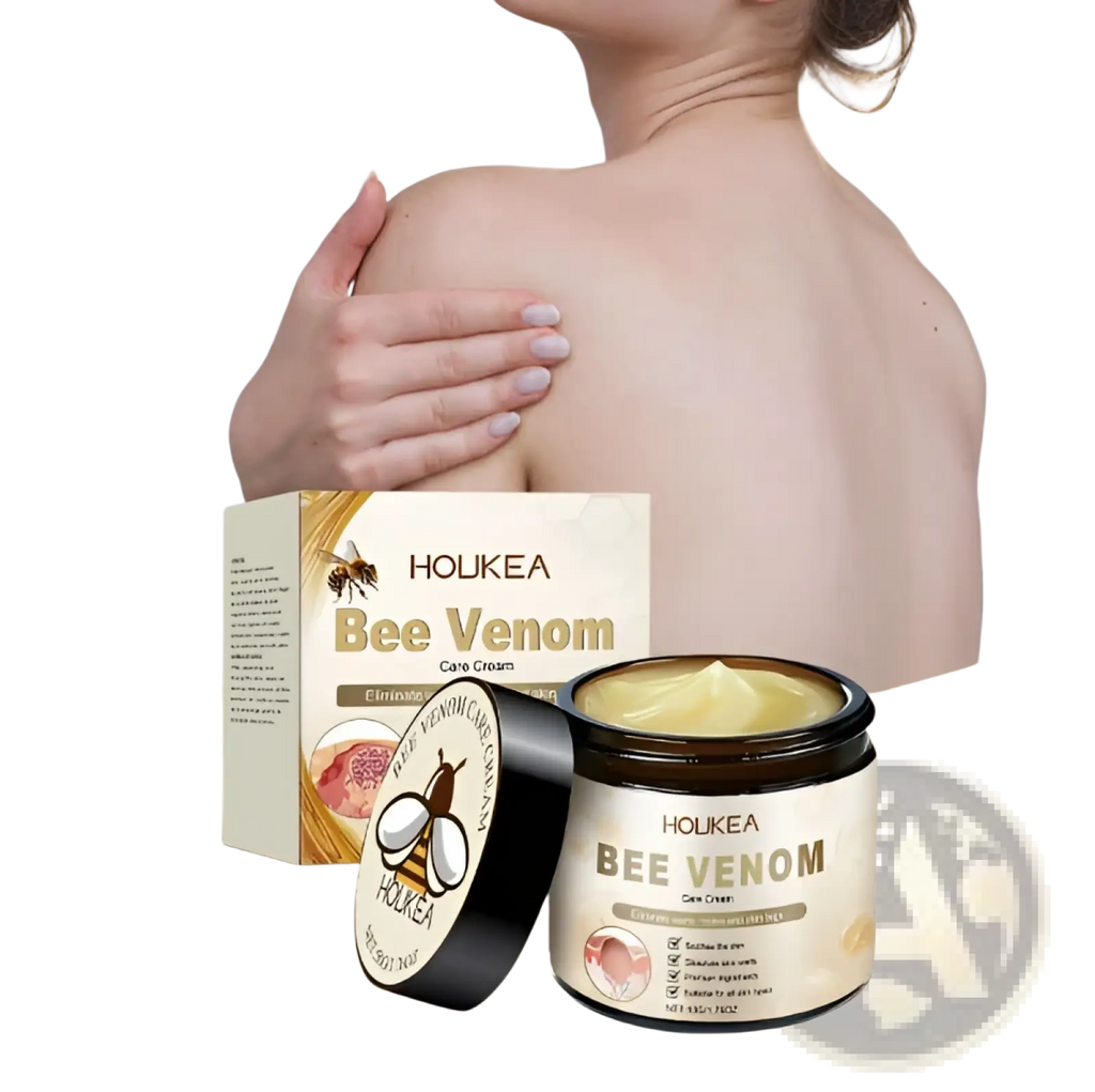 Houkea bee venom skin cream with aloe and mint in a sleek black and cream jar featuring bee imagery on the label