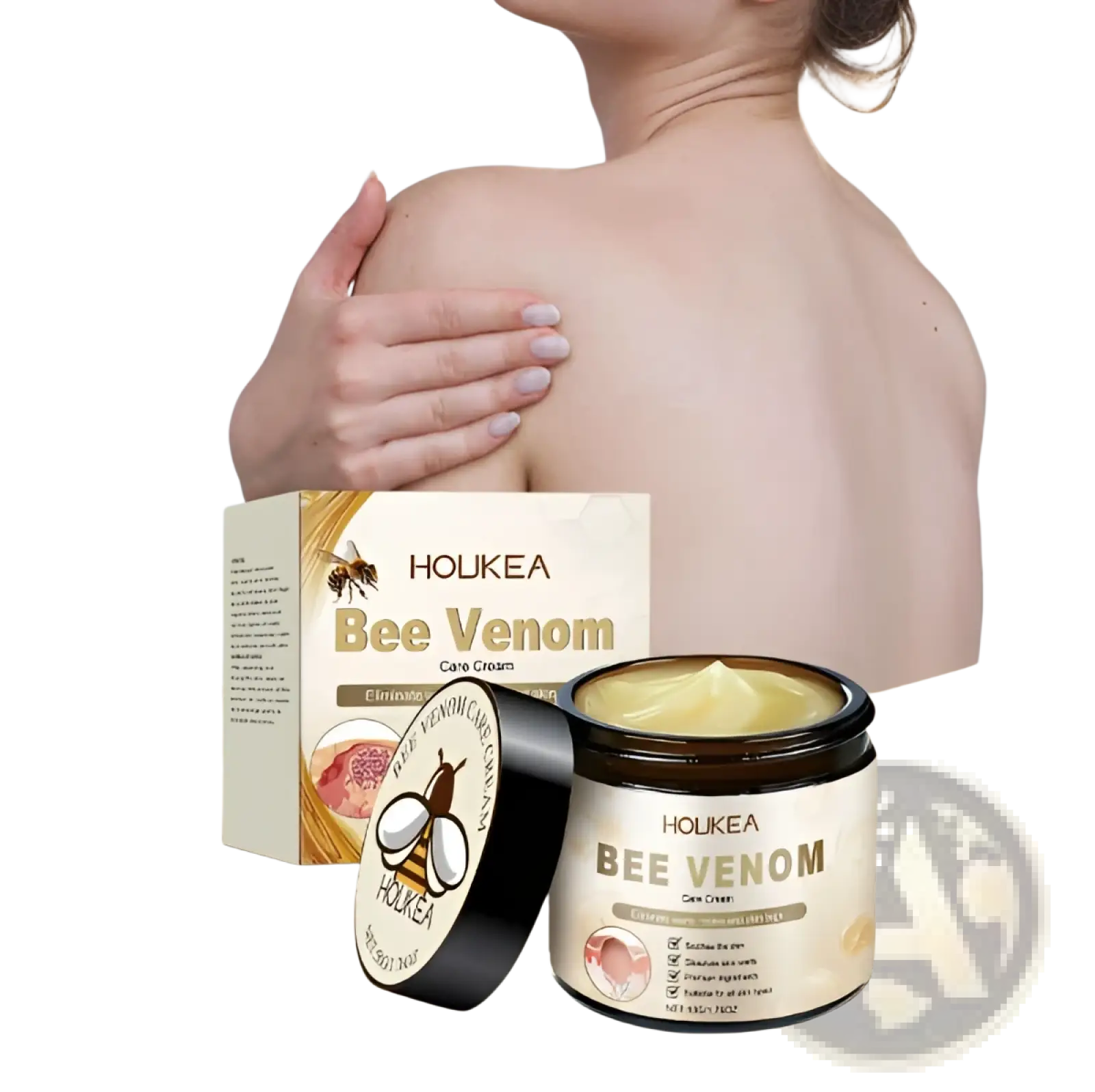 Houkea bee venom skin cream with aloe and mint in a sleek black and cream jar featuring bee imagery on the label