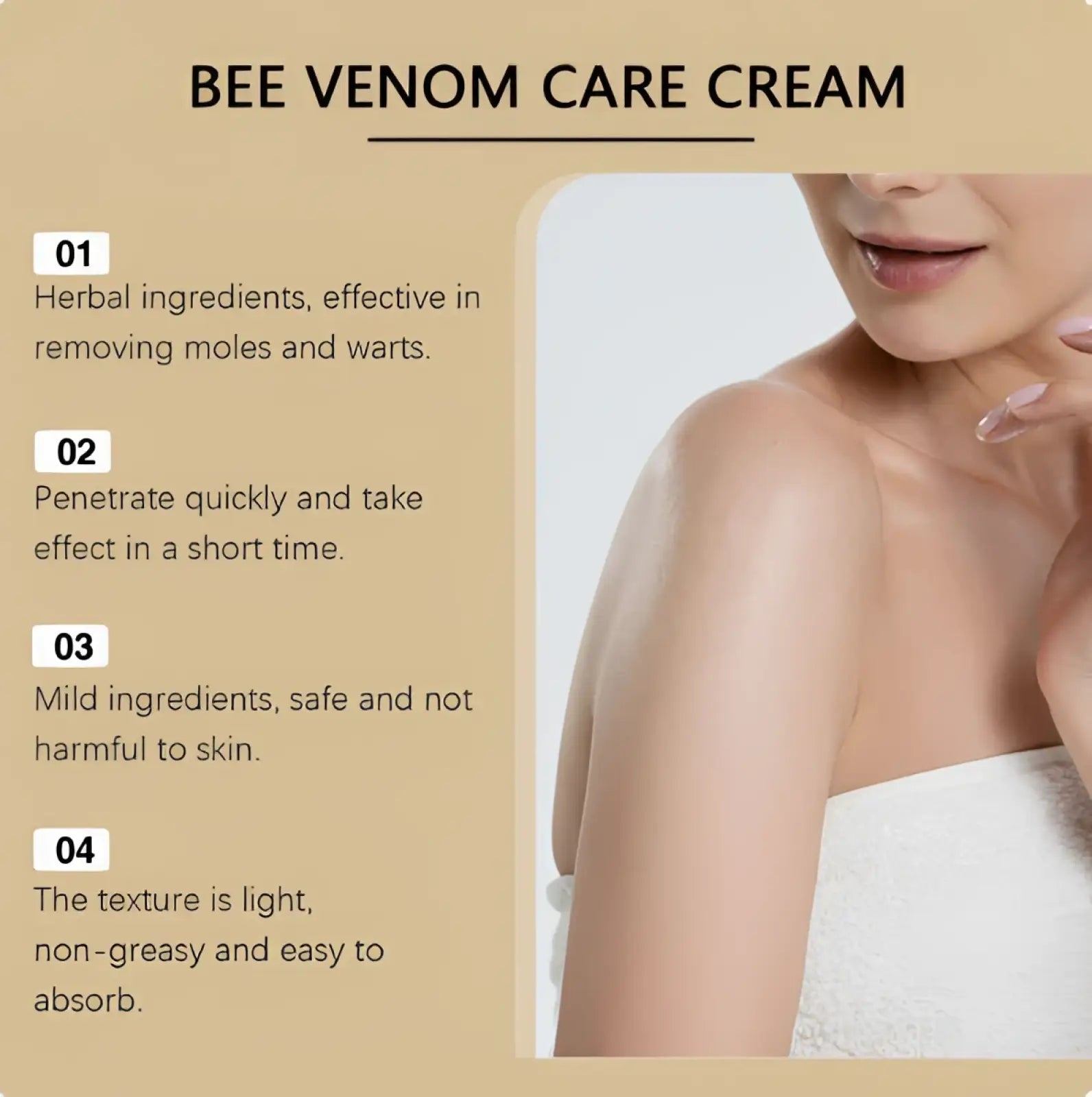 Bee venom skin cream with aloe and mint in a sleek transparent bottle with white cap showing light cream inside