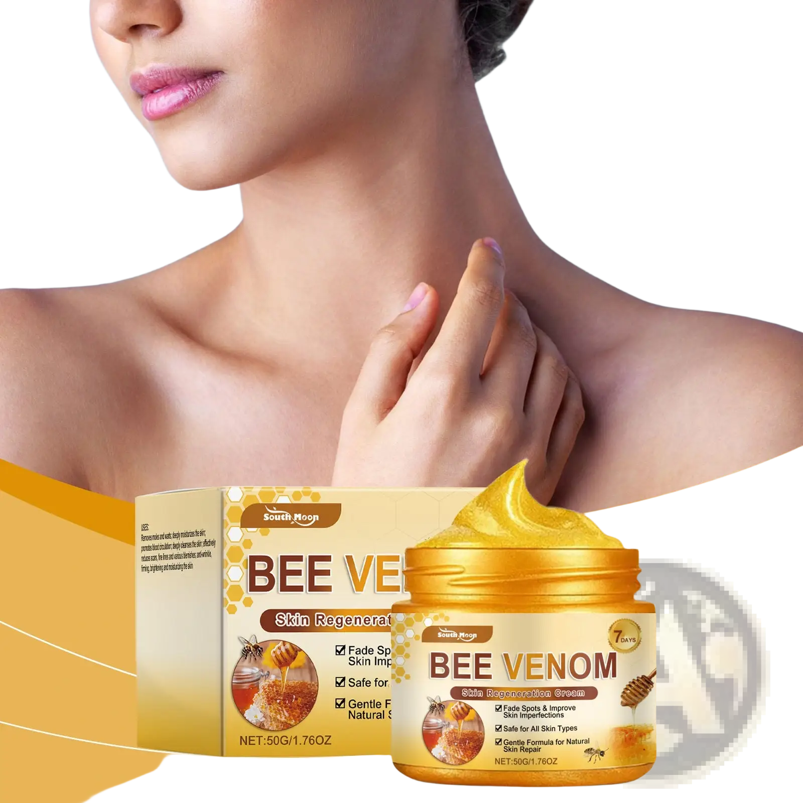 Gold-colored jar of bee venom skin regeneration cream for neck and face with matching box featuring honeycomb and bee design