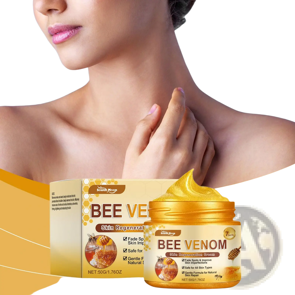 Gold-colored jar of bee venom skin regeneration cream for neck and face with matching box featuring honeycomb and bee design