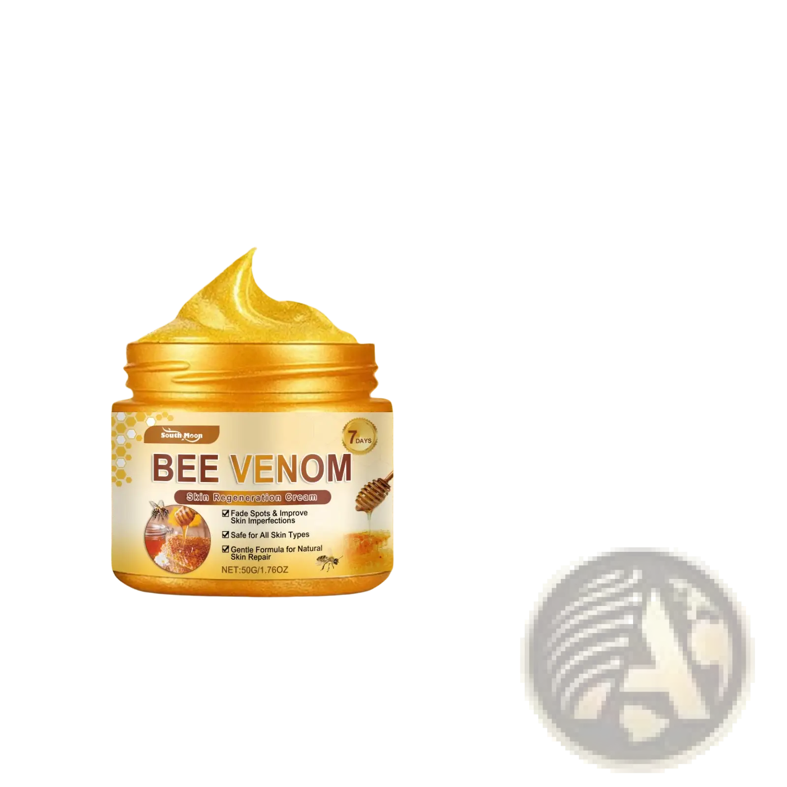 Golden jar of bee venom skin regeneration cream for neck and face with honeycomb design and bee illustrations on label
