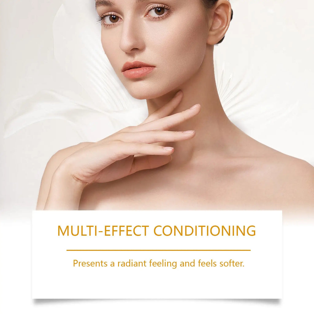 A sleek white rectangular label with gold text reading multi-effect conditioning on bee venom skin regeneration cream