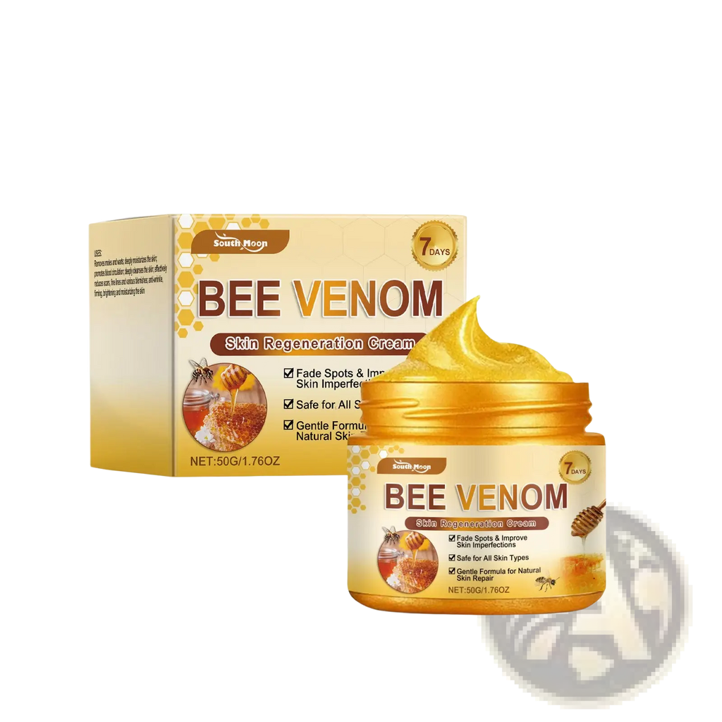 Golden jar of south moon bee venom skin regeneration cream with honeycomb design and cream spilling from the lid for face and neck