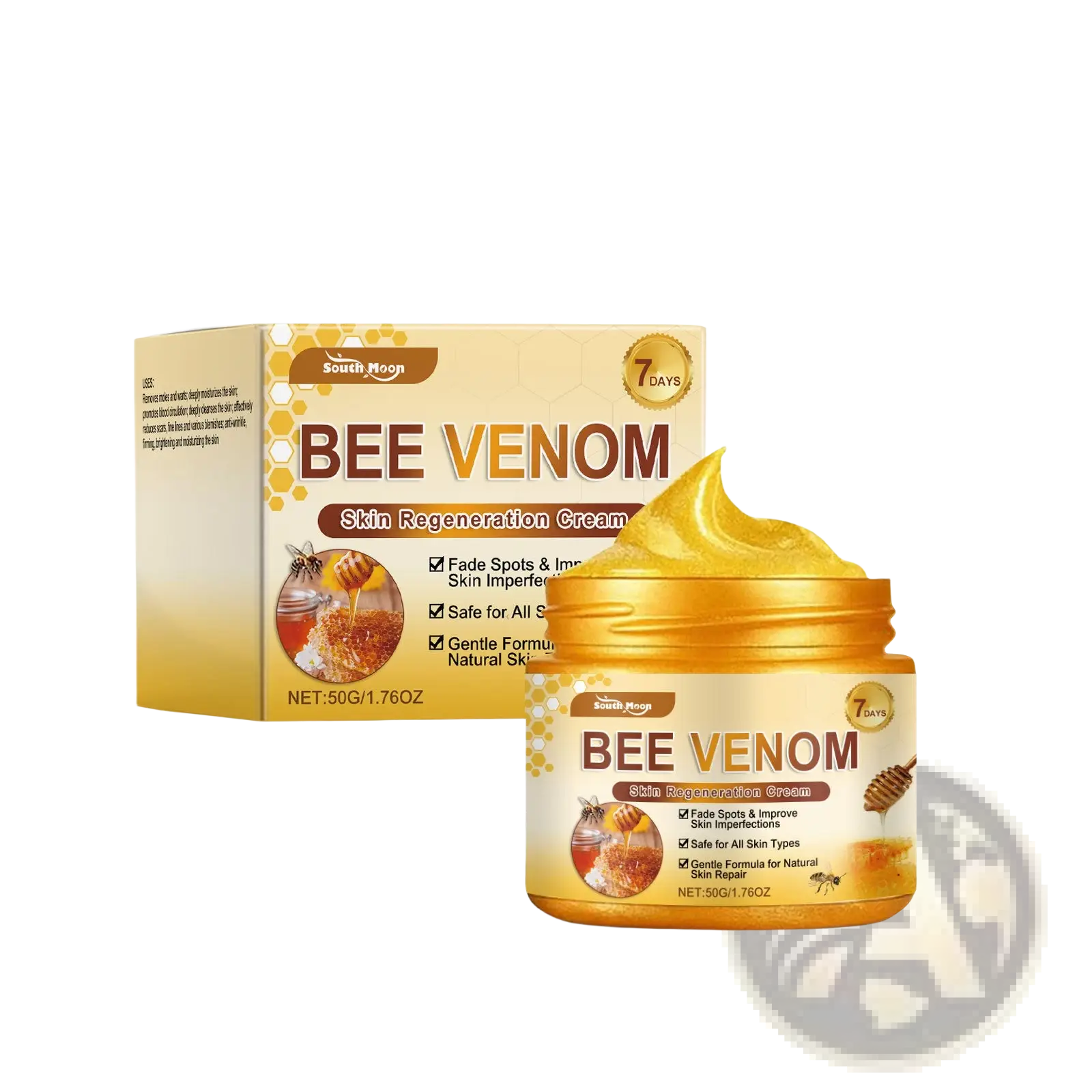 Golden jar of south moon bee venom skin regeneration cream with honeycomb design and cream spilling from the lid for face and neck