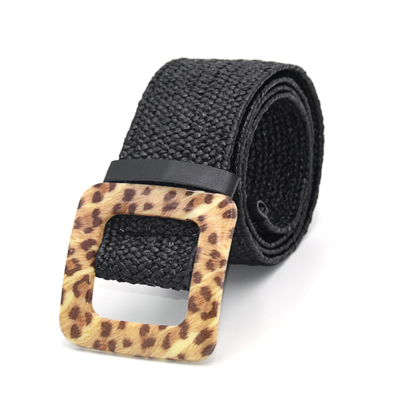 black woven elastic belt featuring a square leopard-print buckle designed for versatile fashion use