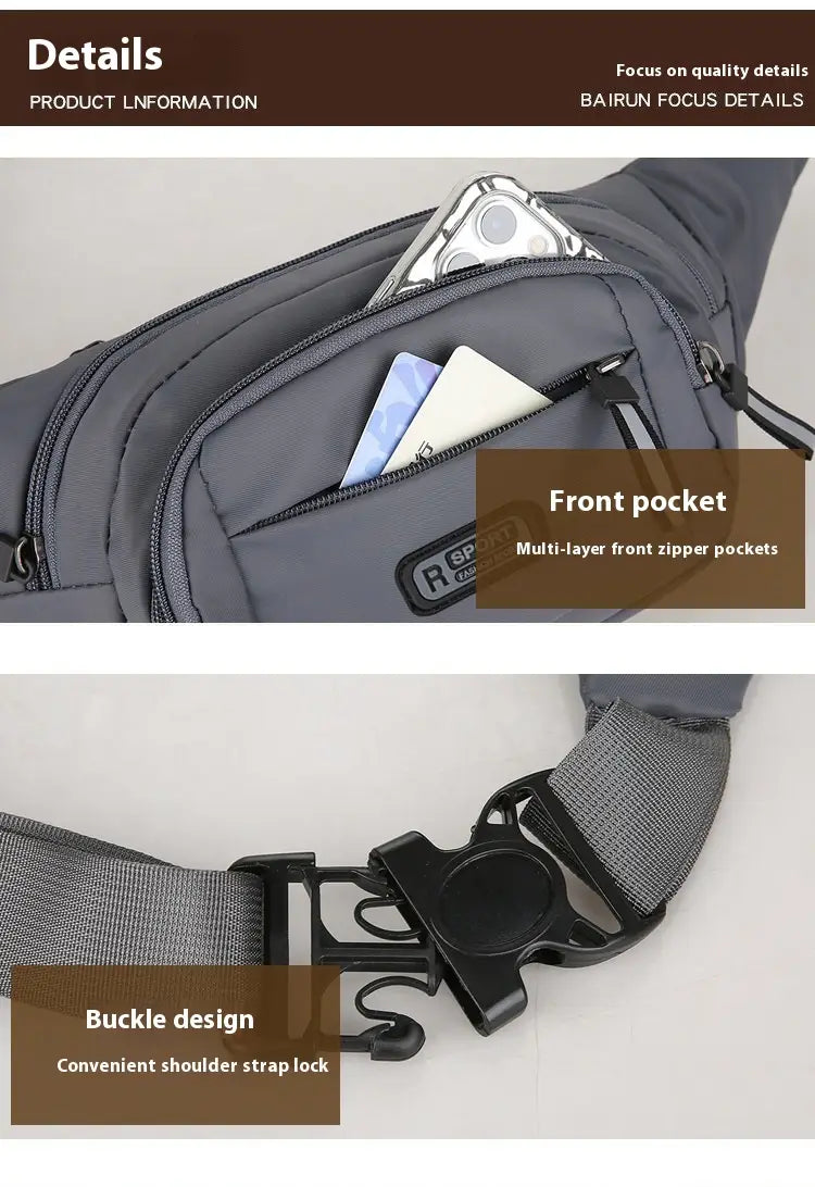 Men’s waterproof nylon multifunctional crossbody waist bag in gray fabric with a front zipper pocket and adjustable buckle strap.