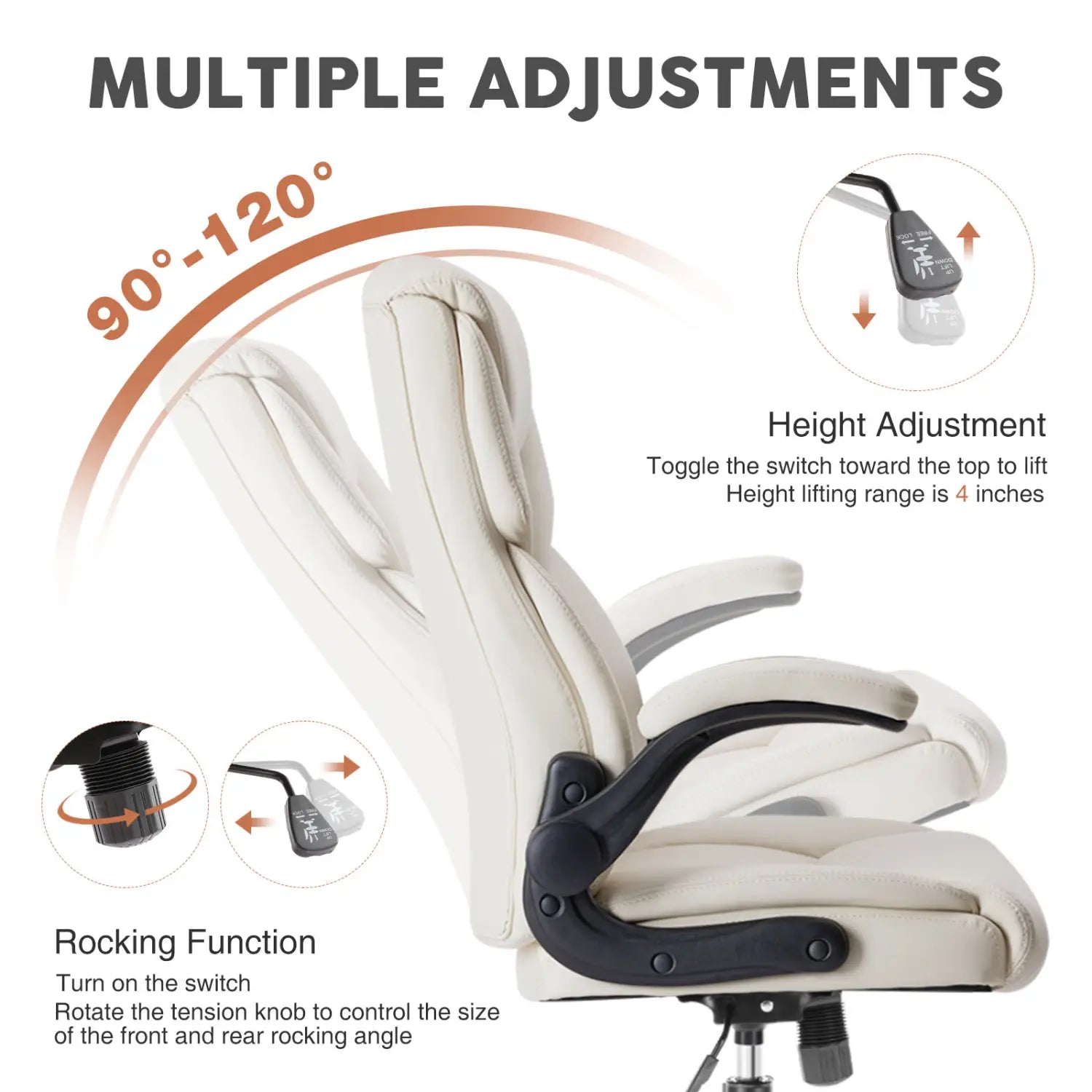 Silla de oficina ergonómica de cuero blanco con estructura metálica negra, que incluye funciones de altura ajustable y de balanceo, y brazos abatibles.