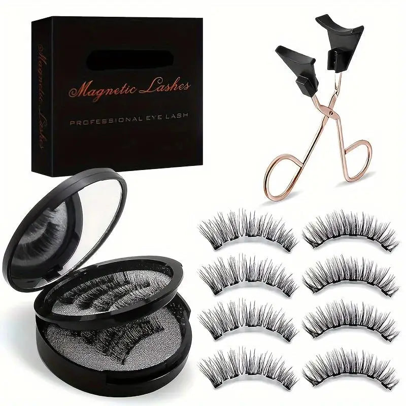 Schwarze magnetische 3D-Wimpern in einem eleganten runden Etui mit Roségold-farbigen magnetischen Applikator-Scheren für den professionellen Gebrauch.