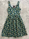 Vintage teal beehive floral cotton fit and flare dress with sleeveless honeycomb pattern and gold-toned bee motifs