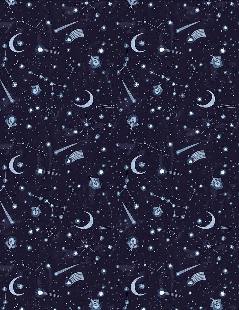 Dark blue cotton face mask with reversible beehive and celestial nocturnal pattern of white moons and stars