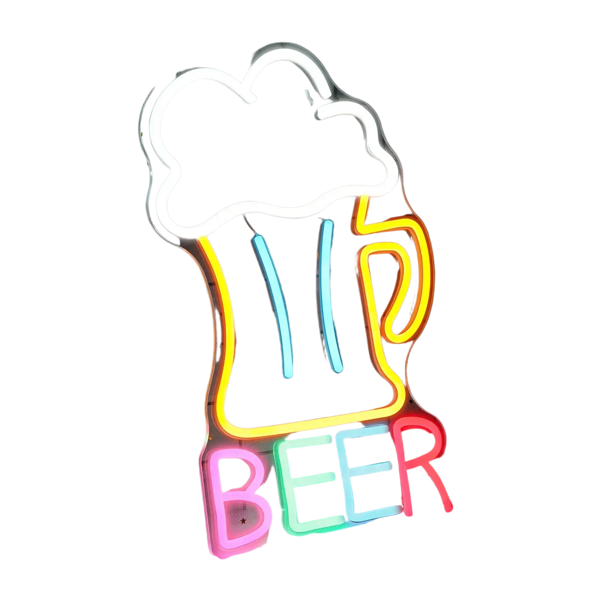Beer led neon wall sign with glowing beer mug shape and colorful white yellow blue red tubing for bar and man cave