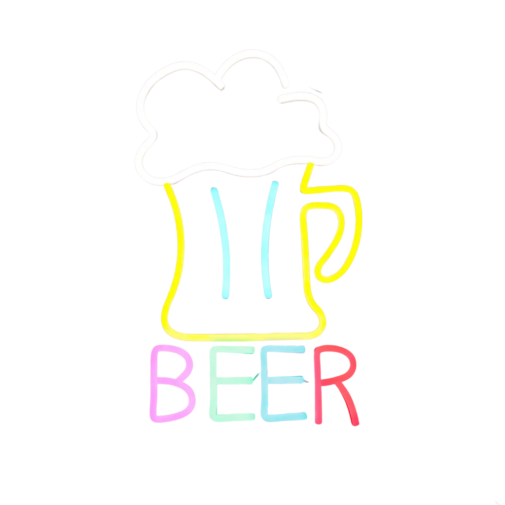 Beer led neon wall sign featuring a glowing colorful tubing beer mug outline and letters for bar and man cave use
