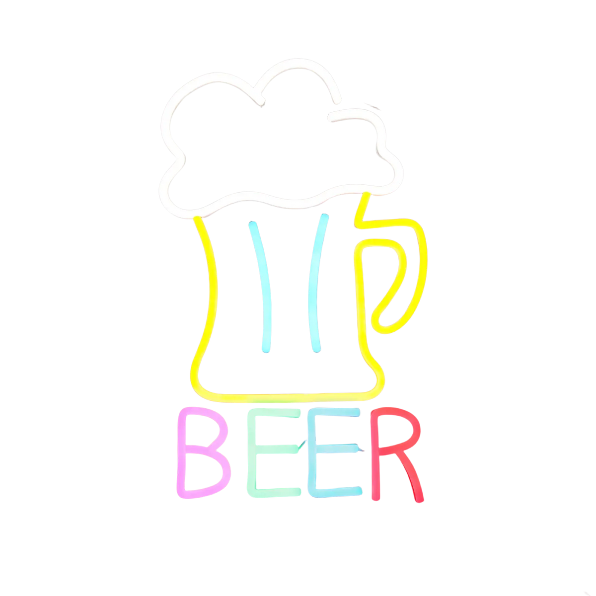 Beer led neon wall sign featuring a glowing colorful tubing beer mug outline and letters for bar and man cave use