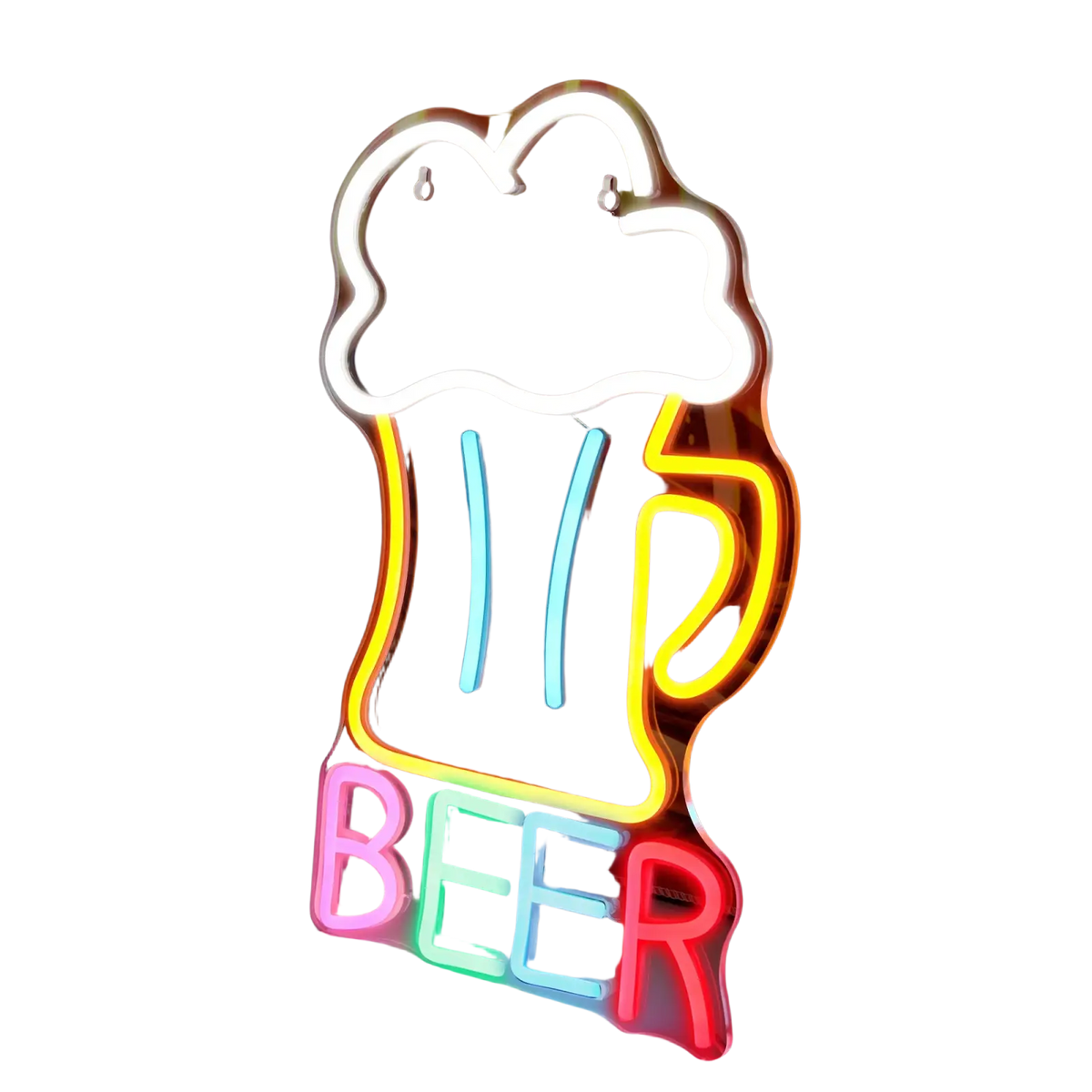 A beer led neon wall sign shaped like a beer mug with colorful glowing lights for bar and man cave decor