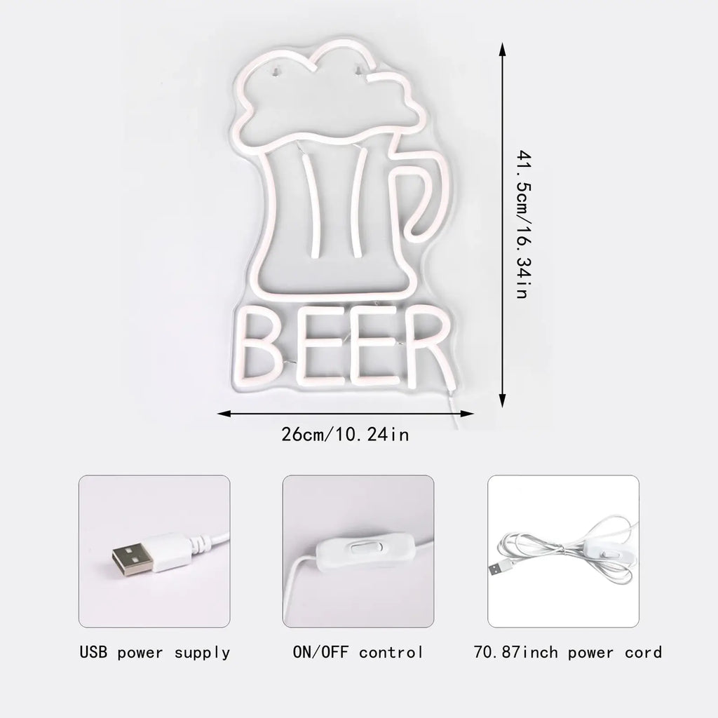 White led neon wall sign shaped like a beer mug with beer text illuminated for bar and man cave decor