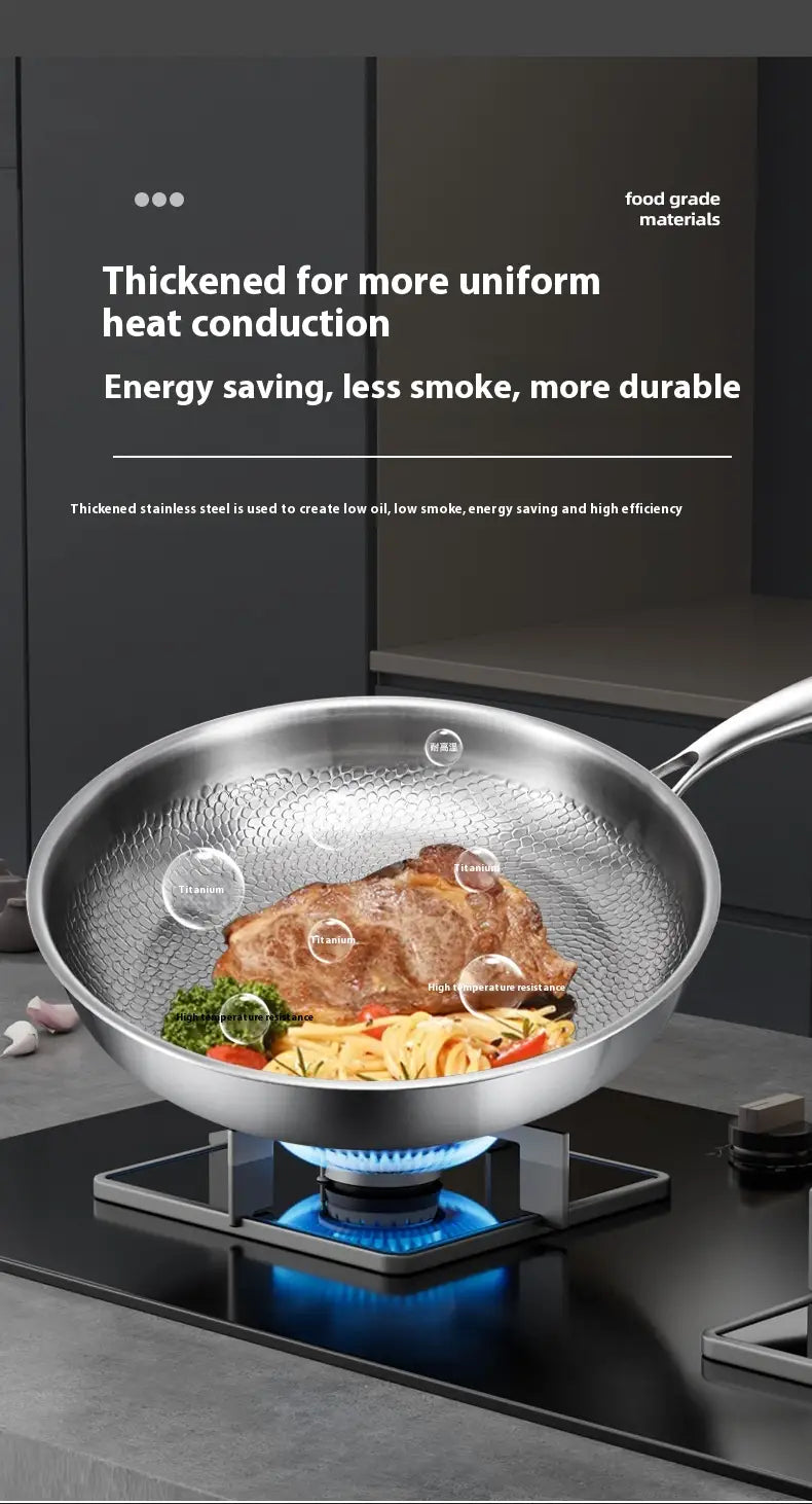 Titanium hammered non-stick frying pan with lid featuring silver textured stainless steel construction and a sleek handle designed for even heat distribution and energy efficiency.