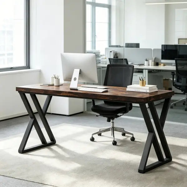 Escritorio industrial moderno de madera oscura con patas metálicas negras en forma de X, con dimensiones de 55 pulgadas, diseñado para uso en el área de trabajo.