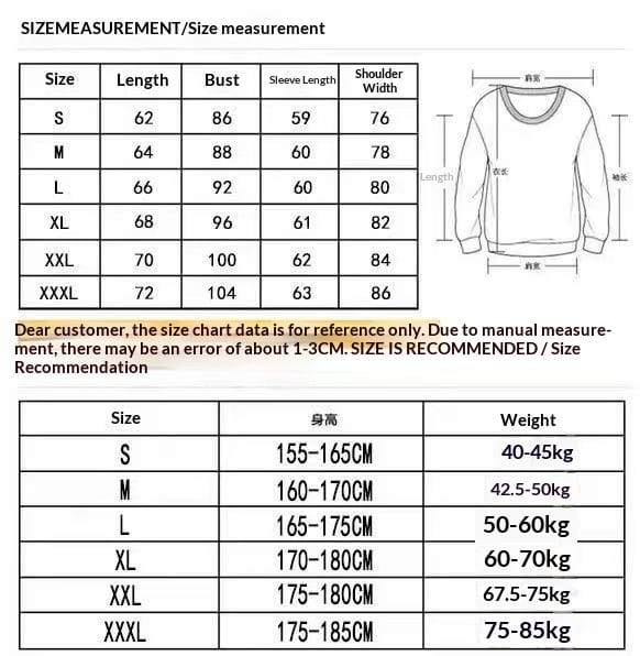 Das Bild zeigt eine Größentabelle in Zentimetern und Zoll für einen Herren-Halbkragenpullover mit langen Ärmeln und Rundhalsausschnitt.