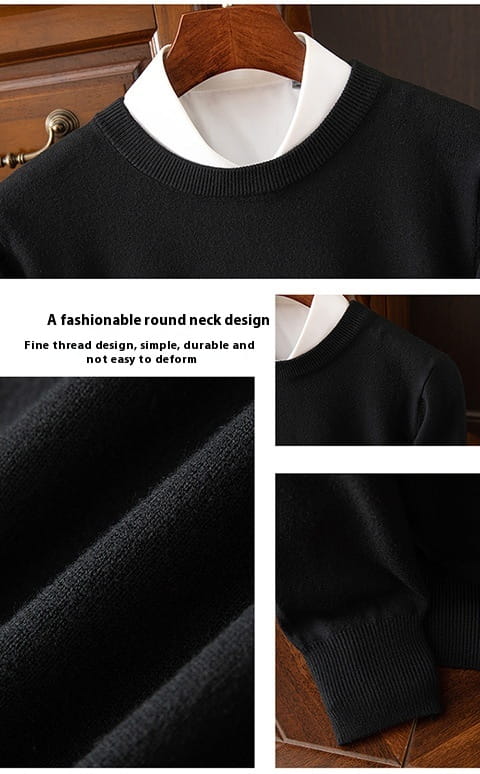 Suéter tipo pulóver de cuello redondo acanalado para hombre en tejido de punto negro, con cuello a contraste blanco, construcción de hilo fino y puños acanalados.