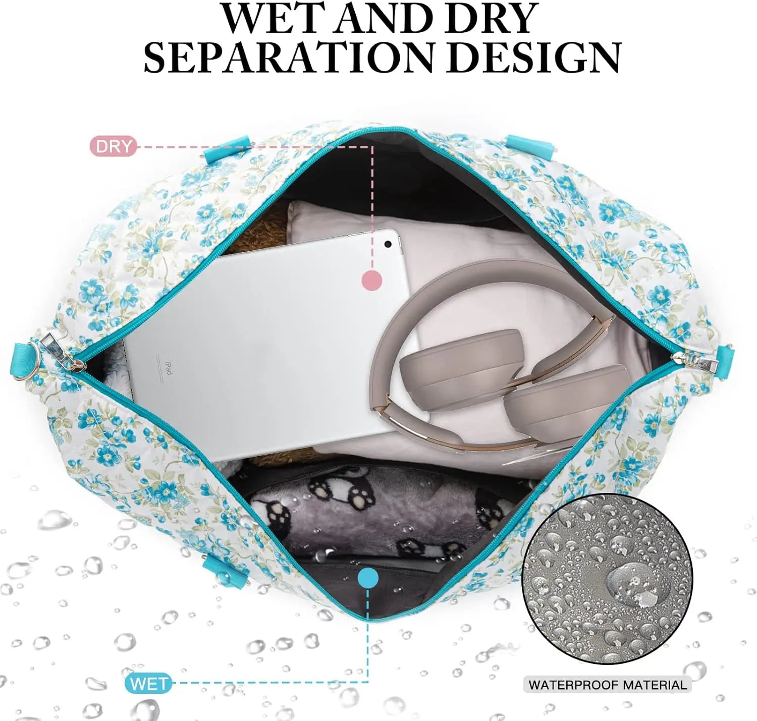 un sac de voyage duffel pour femme à motif floral bleu clair, avec un extérieur imperméable, des accents de fermeture éclair turquoise et un design interne de séparation humide et sèche, accompagné d’une trousse de toilette.