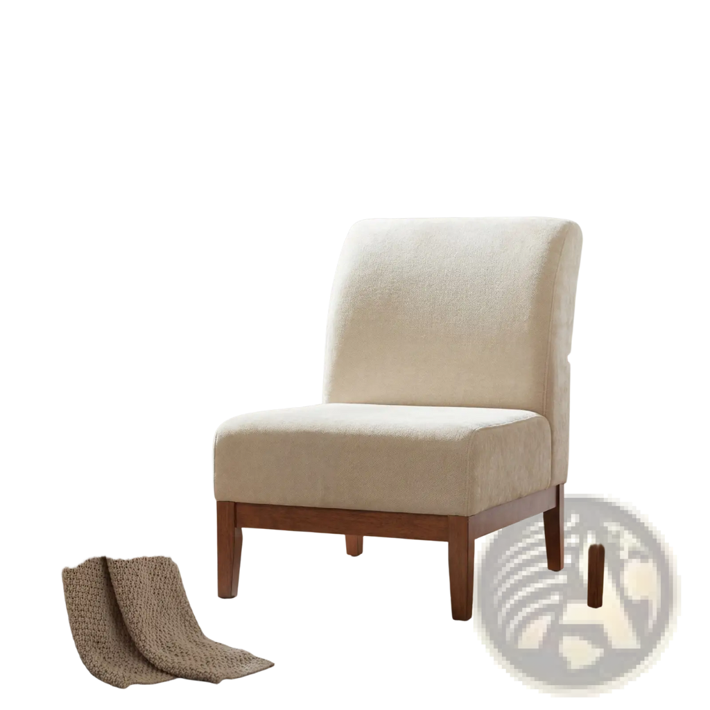 Beige accent chair with cream-colored upholstery and walnut wood frame featuring wooden legs