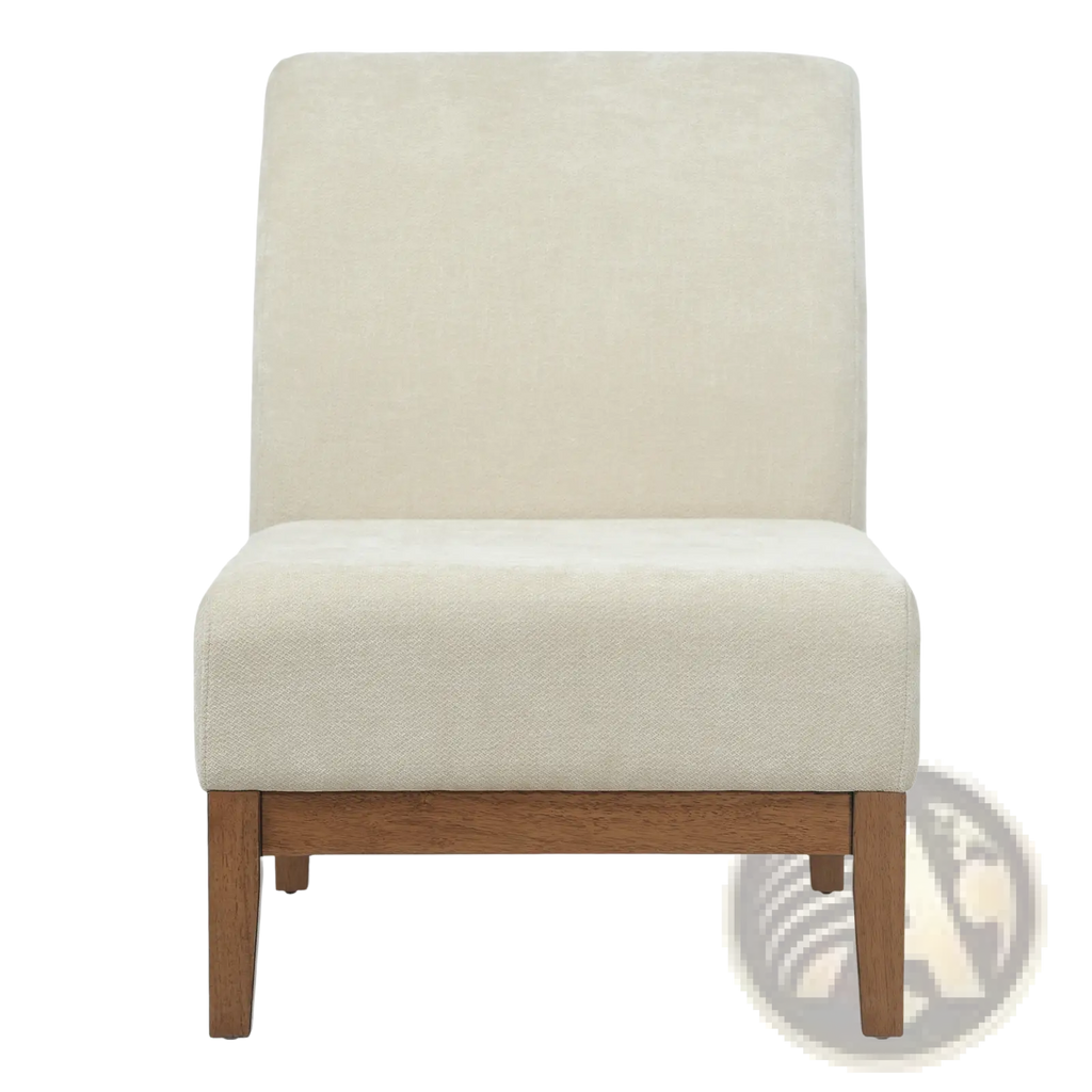 Beige accent chair with cream-colored upholstery and walnut wood frame and legs for stylish seating