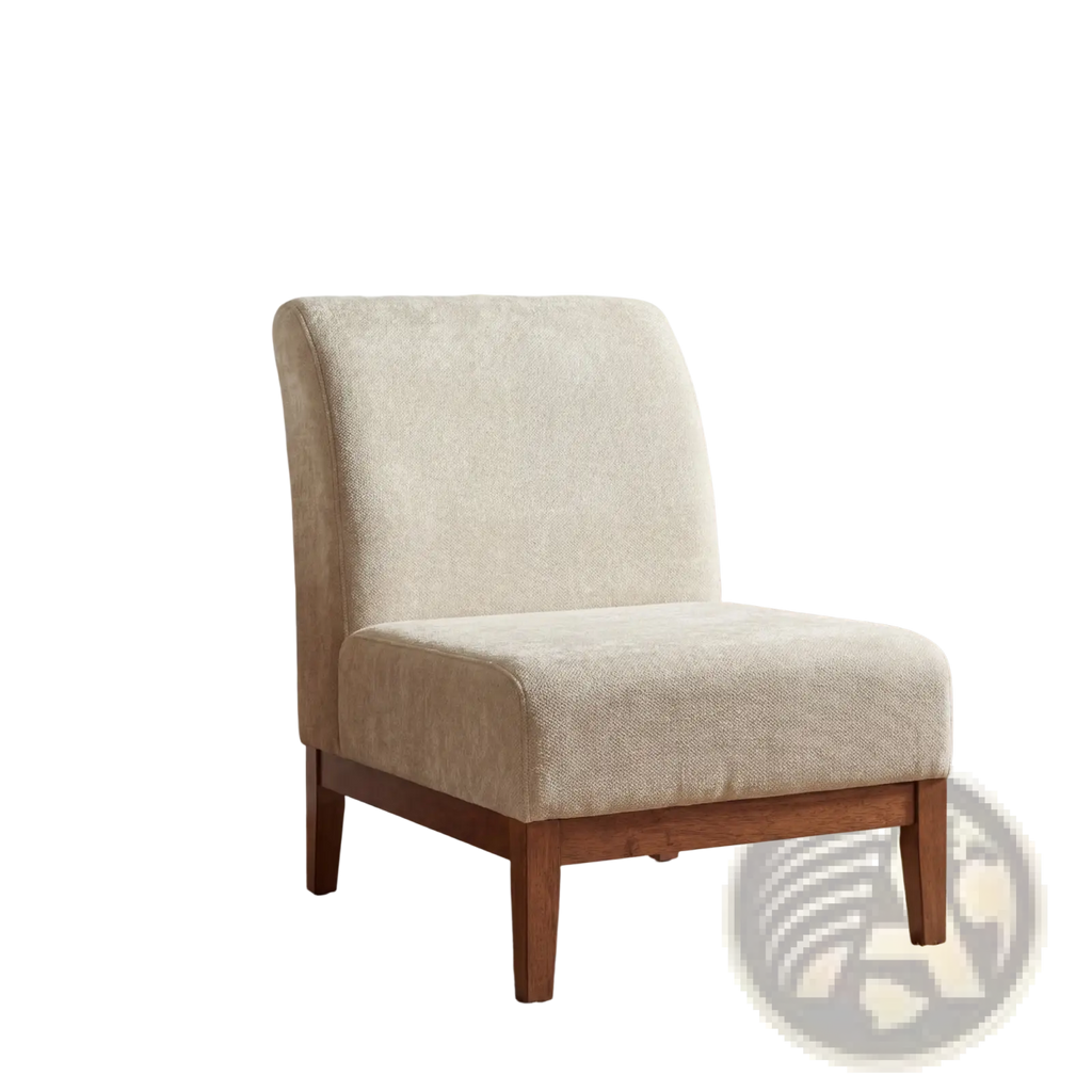 Beige accent chair with walnut wood frame featuring textured fabric upholstery and wooden legs for living room use