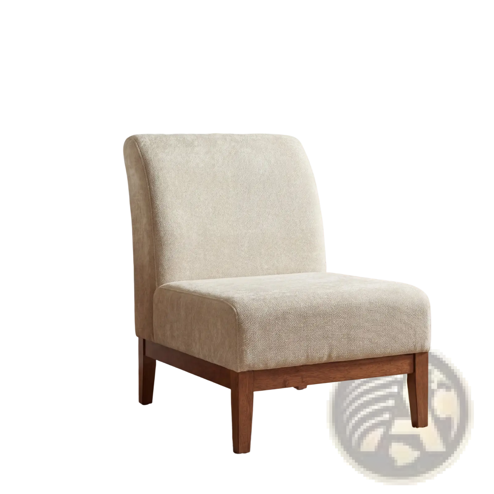 Beige accent chair with walnut wood frame featuring textured fabric upholstery and wooden legs for living room use