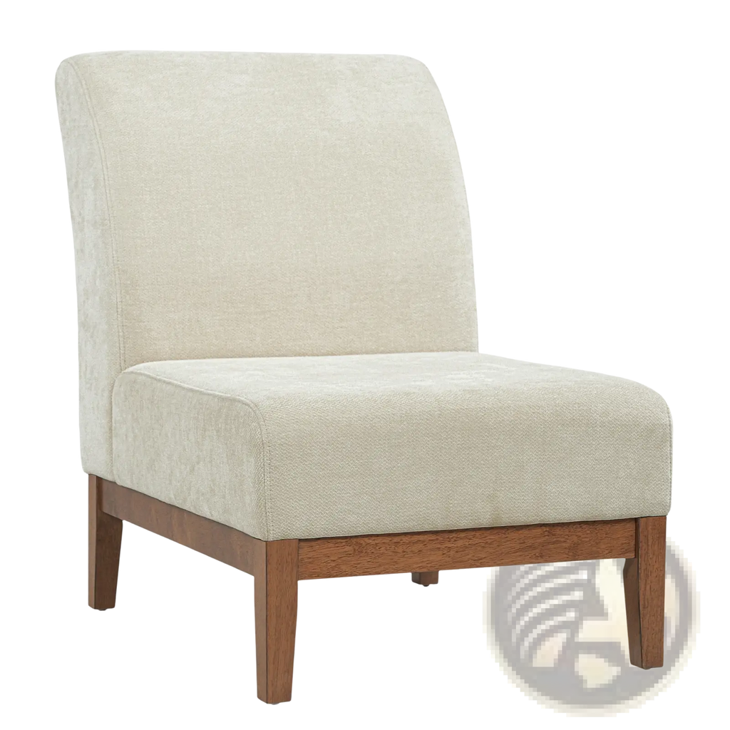 Beige accent chair with walnut wood frame featuring beige upholstered armless design and tapered wooden legs