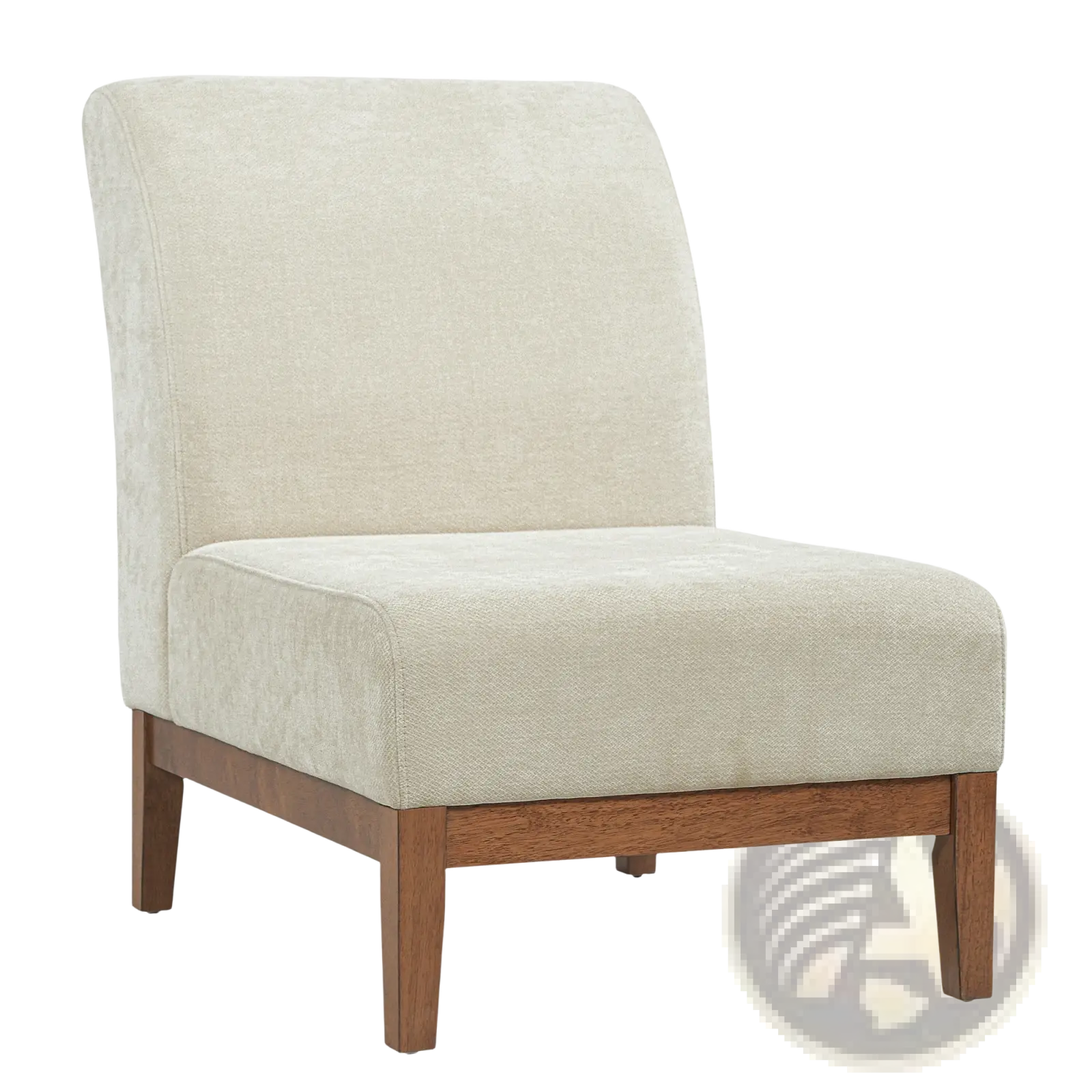 Beige accent chair with walnut wood frame featuring beige upholstered armless design and tapered wooden legs