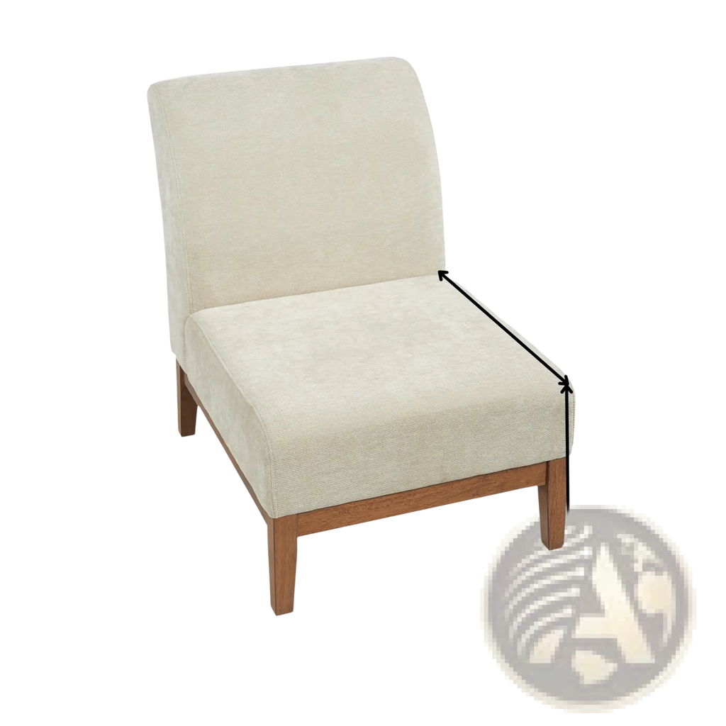 Beige accent chair with walnut wood frame featuring beige upholstered armless design and wooden legs
