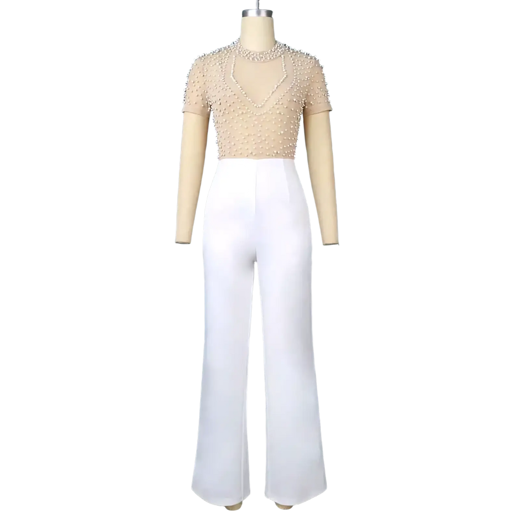 Beige beaded mesh jumpsuit with short sleeves paired with high waist white wide leg pants for party wear