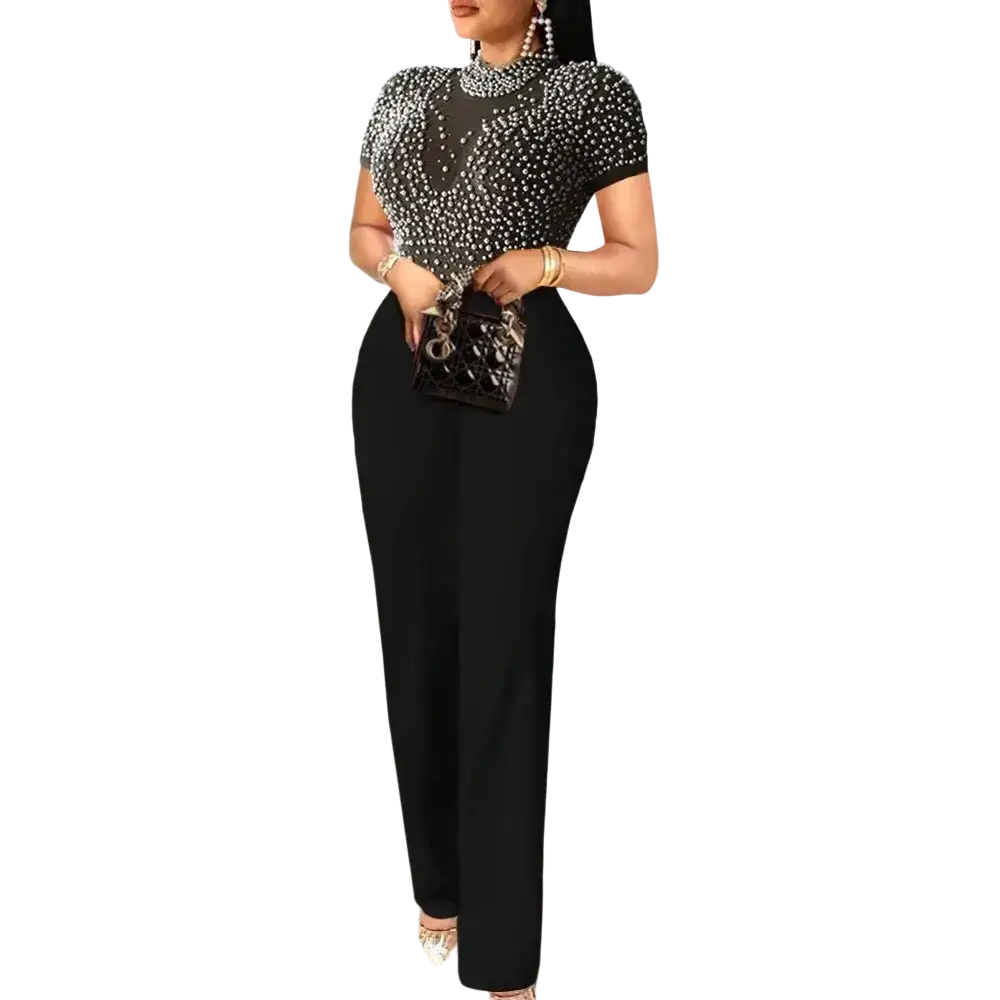 Black sequined top with high neckline and short sleeves paired with matching black wide-leg pants contrast beige beaded mesh jumpsuit