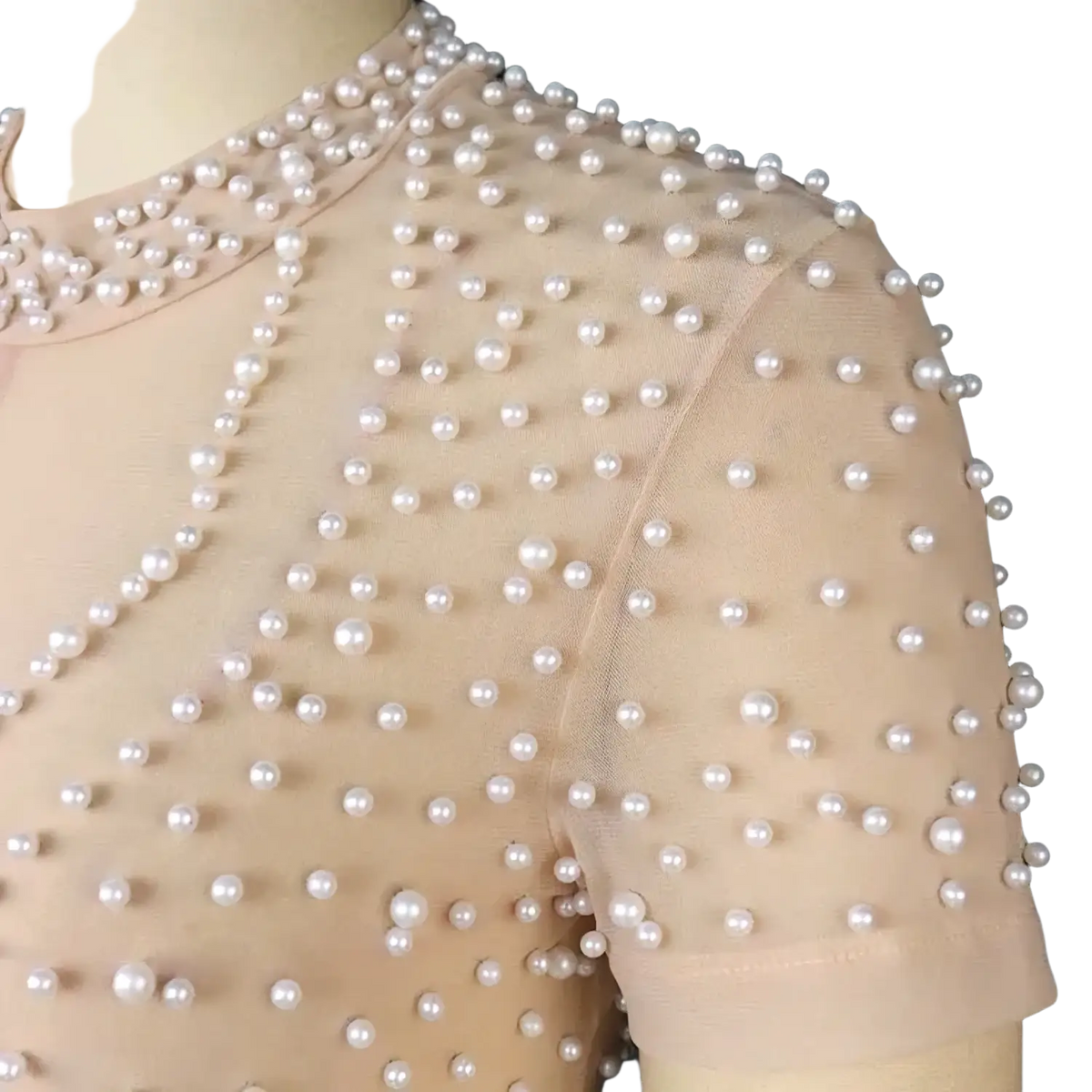 Beige beaded mesh jumpsuit featuring a delicate beige mesh top with evenly spaced white pearls for party wear