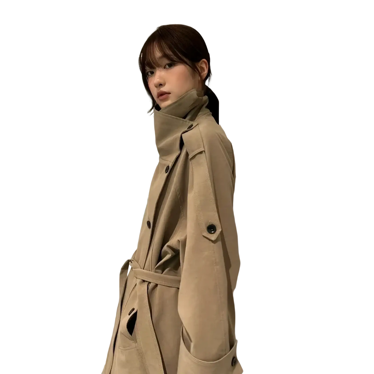 Beige belted trench coat for women featuring a belted waist and dark buttons in a classic design